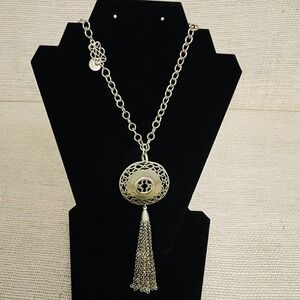 Chicos Gold Tone Round Filigree Tassel Pendant Necklace, Round link, 32 in & adj